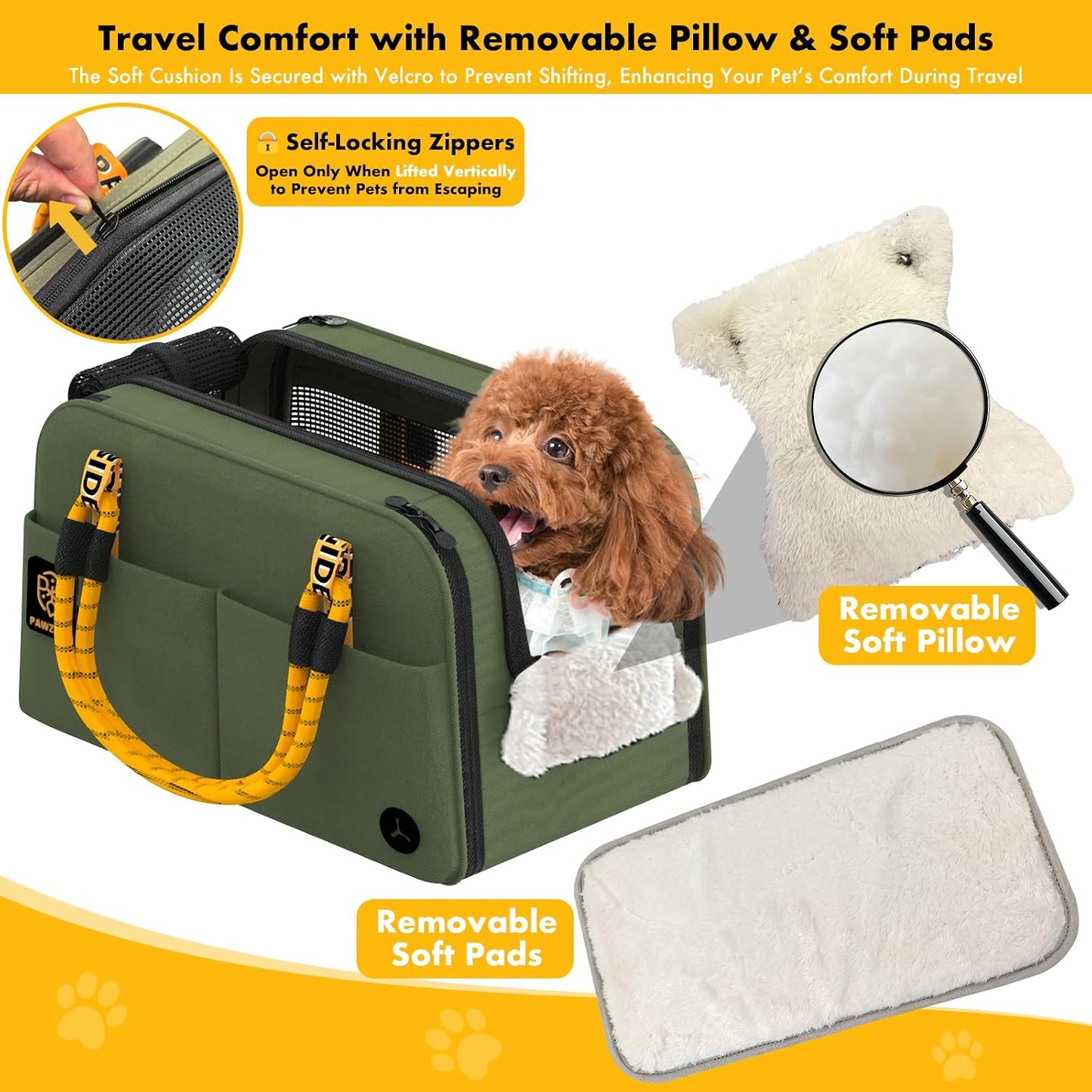 PAWZIDEA Center Console Dog Car Seat, Enclosed Small Dog Armrest Booster Carseat, Secure Straps &Anti Slip, Portable TSA Approved Puppy Pet Carrier Soft-Sided, Removable Pillow Storage Pocket, up 12lb