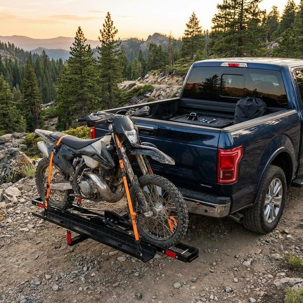 Dual Motorcycle Carrier for Hitch - Heavy Duty 2-Bike Motorcycle Hitch Carrier with Ramp - 600 Lbs Capacity for Dirt Bikes & e-Bikes, Fits 2" Receiver