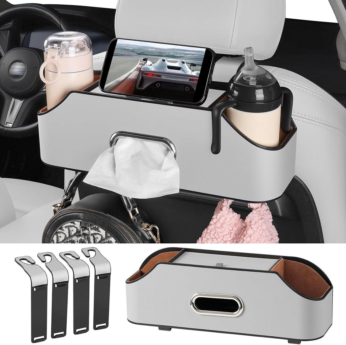Car Seat Back Cup Holder, 4-in-1 Multifunctional Backseat Organizer with Tissue Box Storage & Hooks (Brown)