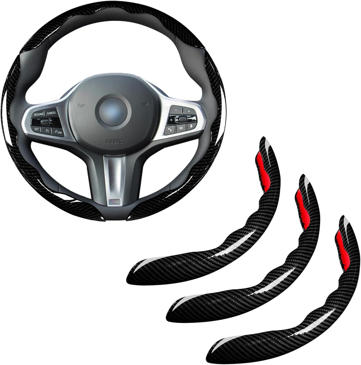 Car Steering Wheel Cover Set Bright Carbon Fiber Wrap Non-Slip 3pcs Steering Wheel Accessories 14.5-15 inch Universal (Red)