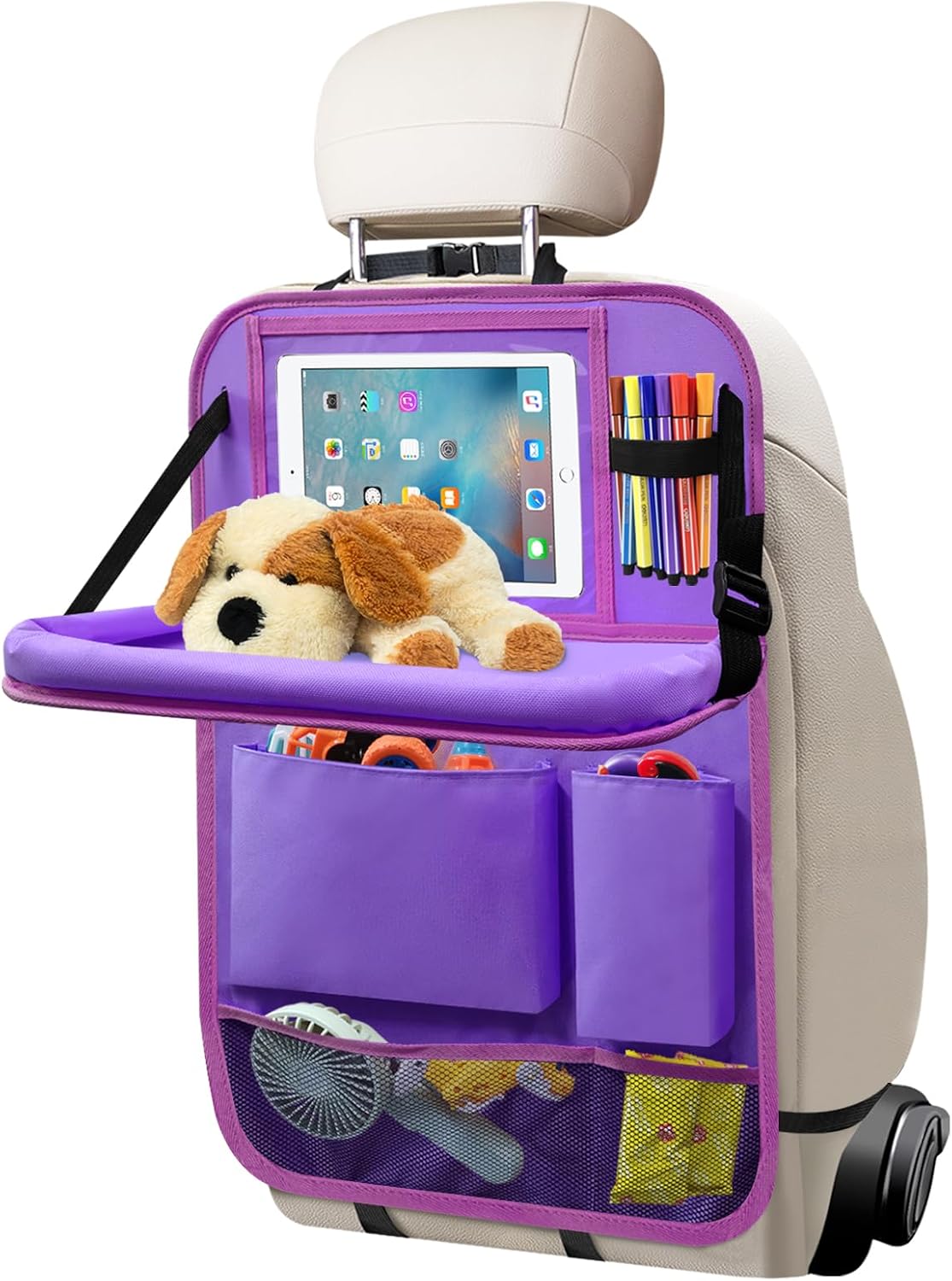 Car Seat Back Organizer Table Tray, Car Seat Storage Organizer for Kids with Foldable Tablet Holder, 6 Storage Pockets Kick Mats 600D Oxford, 2 Pack Purple