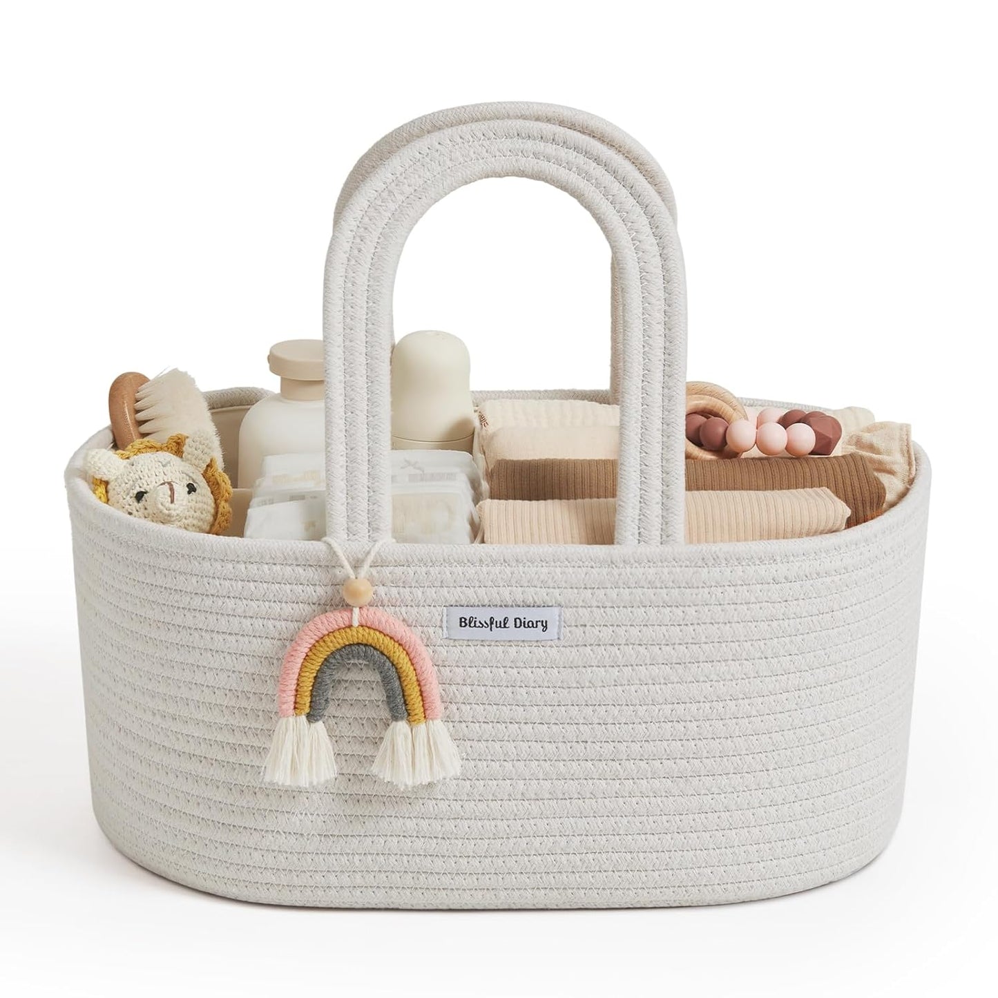 Blissful Diary Baby Diaper Caddy Organizer, Cotton Rope Diaper Caddy Basket, Large Storage Basket for Newborn Boys and Girls, Gift for Baby Shower List, Newborn Essentials, Earthy Rainbow