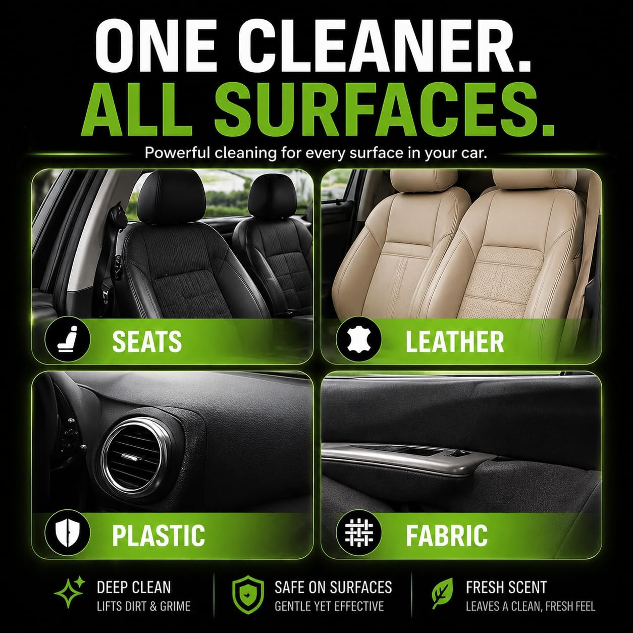 Car Interior Foam Cleaner with Soft Brush Cap – Multi-Purpose Deep Cleaning Foam Spray for Leather, Vinyl, Fabric, Plastic – Safe Non-Drip Formula, Fresh Scent, 22 oz