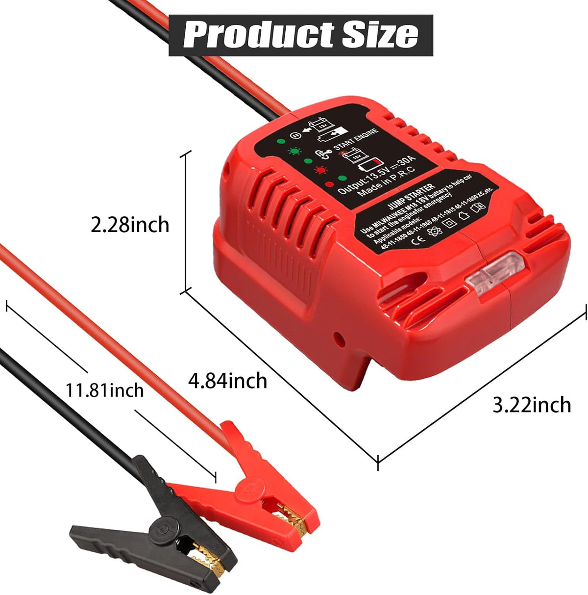 Jump Starter Adapter for Milwaukee M18 Battery, 12V Portable Car Jump Cables, Automotive Booster Cable Adapter, Jump Starting Dead or Weak Batteries, Engine up to 3.5 Liters (NO Battery)