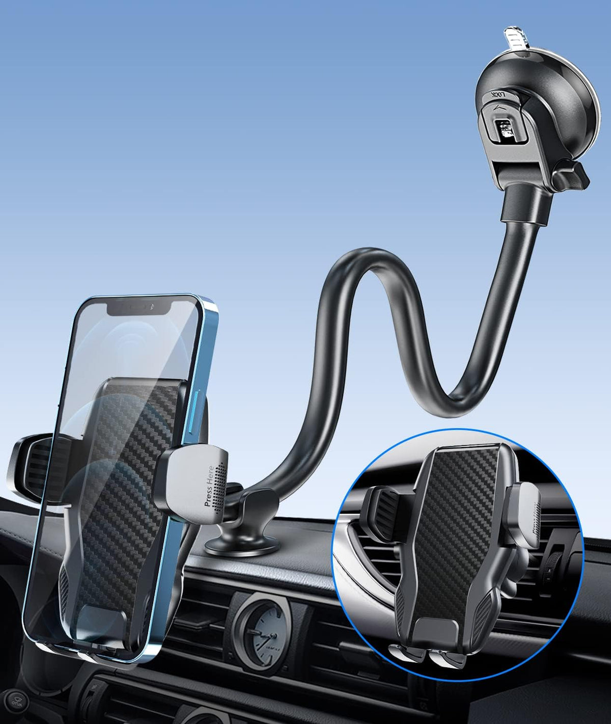 APPS2Car 13" Gooseneck Truck Phone Mount, Suction Cup for Windshield Vent
