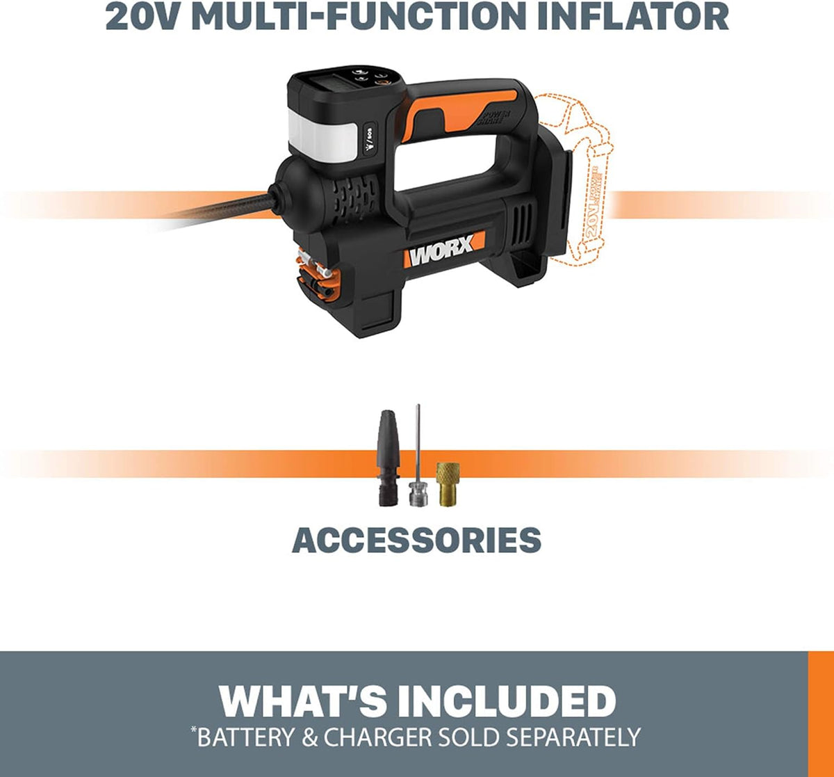 WORX Cordless Tire Inflator 20V Air Compressor, WX092L.9