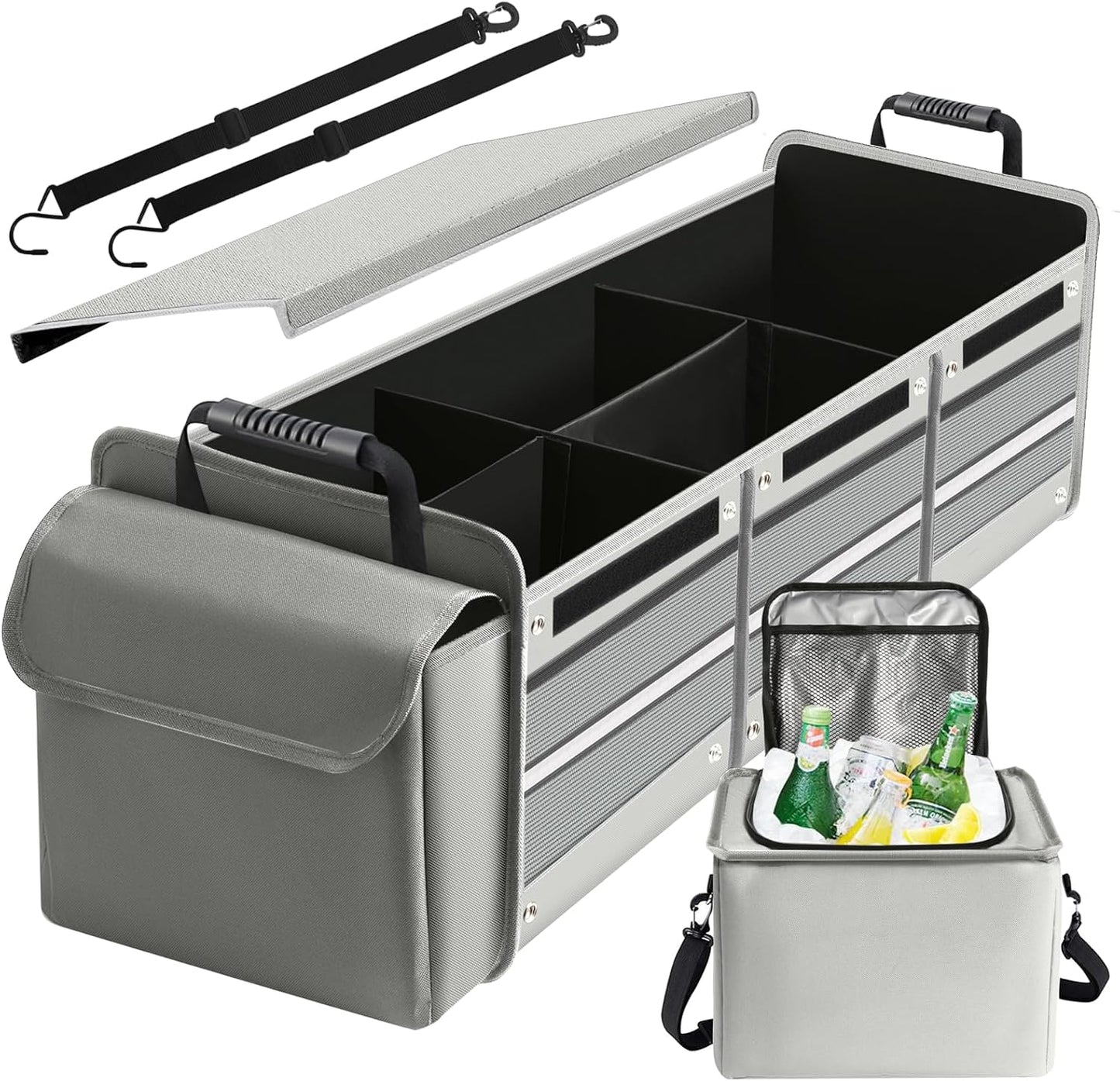 Snuopfy Car Trunk Organizer,115L Heavy Duty Collapsible Trunk Storage, with Insulated Leakproof Cooler Bag Vehicle Cargo Organizer with Lid, 3 Compartments, Straps For Car,Suv,Jeep,Sedan-Black