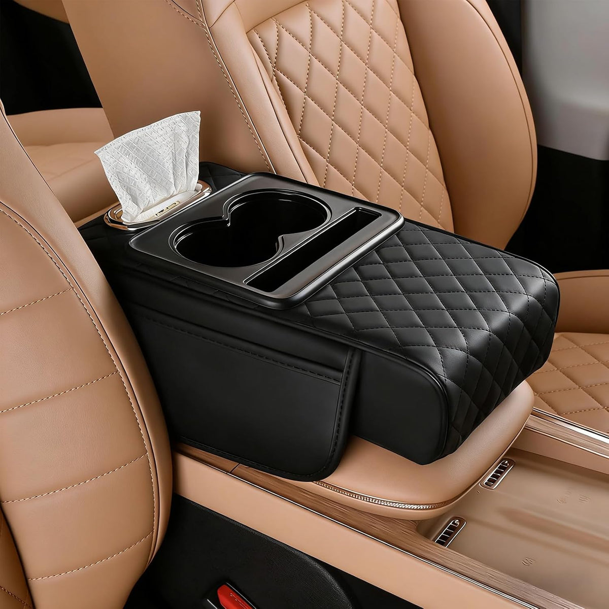 Leather Car Armrest Cover, 5-in-1 Console Cushion with Storage & Cup Holder