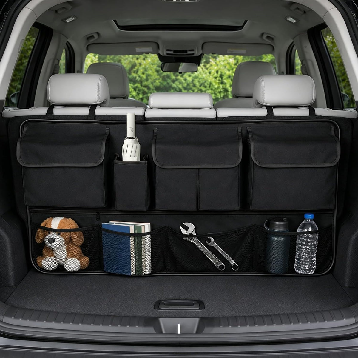 Car Trunk Organizer, Multi-pocket Large Capacity Vehicle Backseat Hanging Storage Bag with Adjustable Straps, Automotive Seat Back Trunk Cargo Organizer Bag for SUV, Car Accessories (Black+Red)