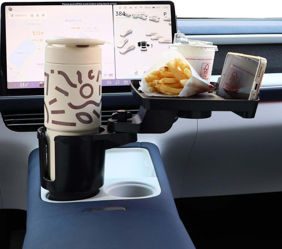 Car Large Cup Holder Expander, 3-in-1 Cupholder Extender with Swivel and Detachable Snack Food Tray Table for Eating, Travel Essentials for Road Trips for Driver. Model E