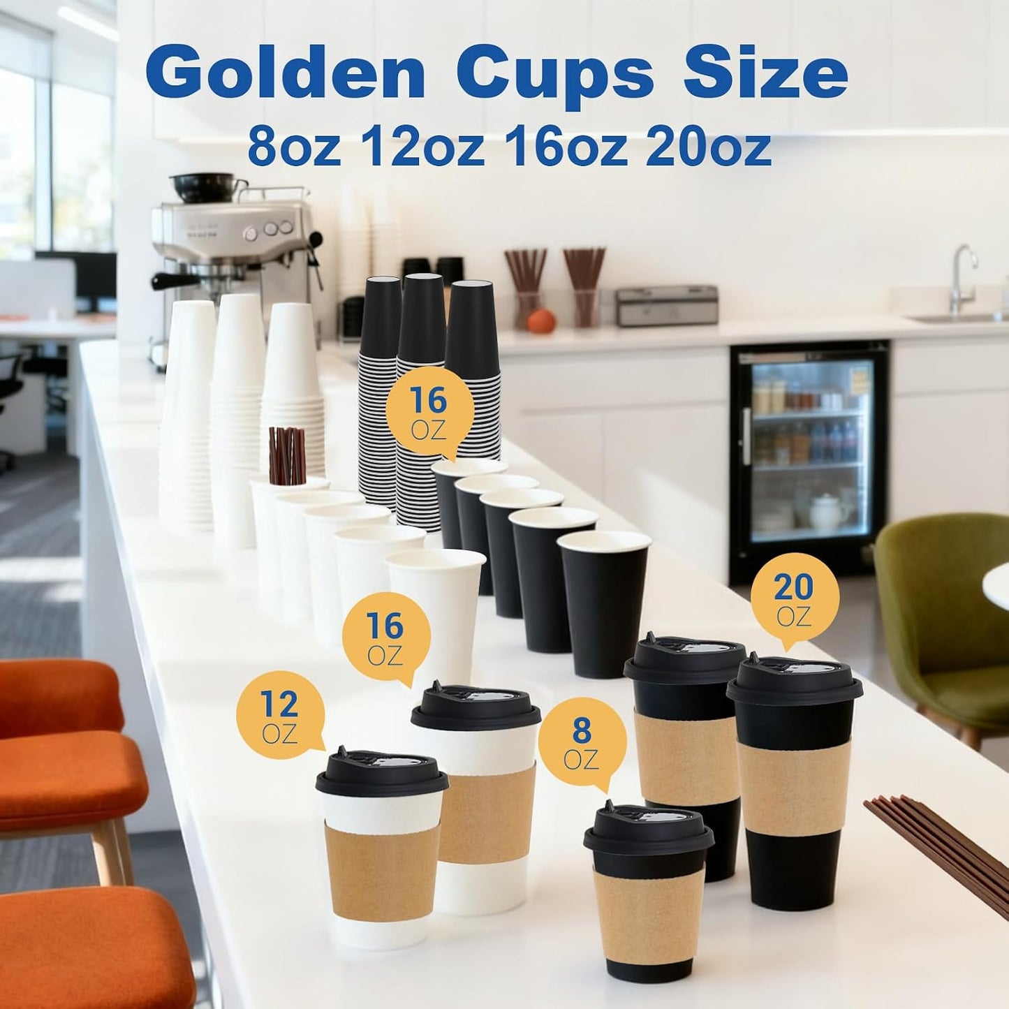 16 oz Coffee Cups + 16 Extra Cups Bulk Disposable To-Go Paper Cups with Lids and Sleeves for Hot Beverage, Chocolate, Cocoa, Office Supplies, Coffee Bar Accessories (100 Pack + 16 Extra Cups, White)