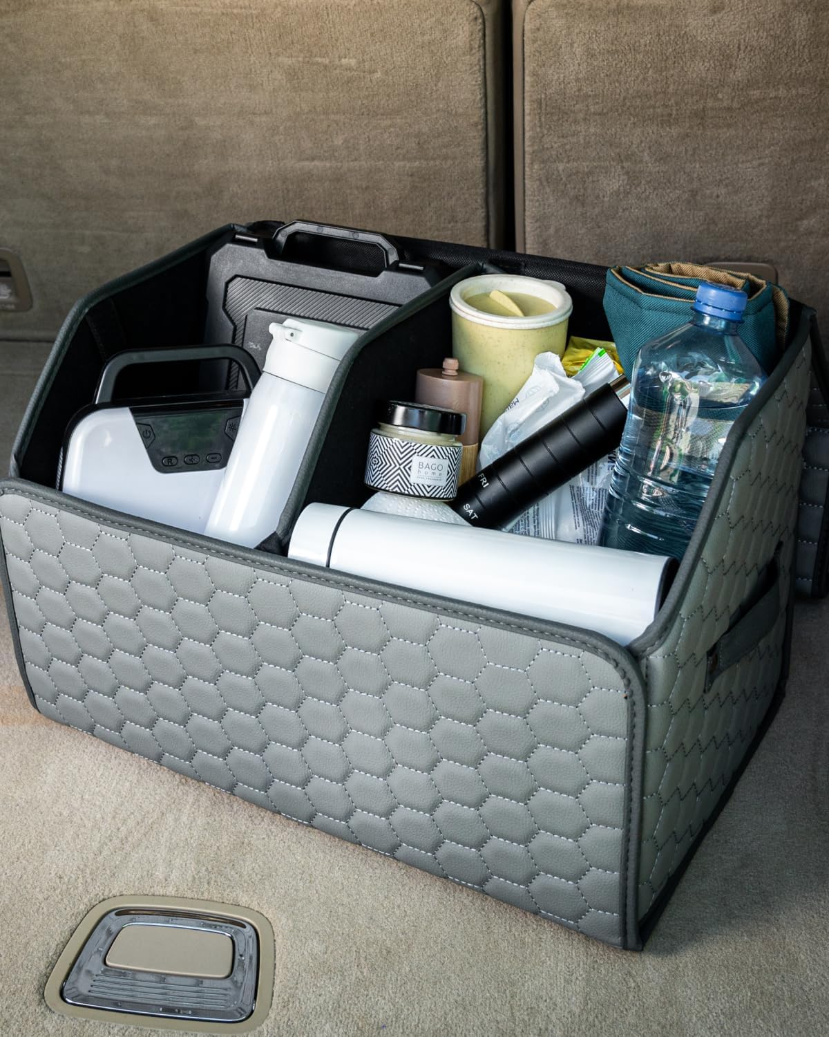 Owleys Foldable Trunk Organizer for Car - Collapsible Auto Trunk Organizer with Lid - Small and Large Cargo Organizer - Trunk Storage Box with 2 Compartments - Gray 17