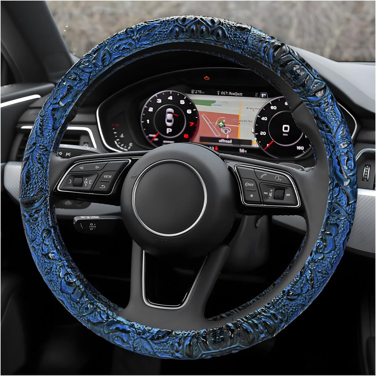 Leather Car Steering Wheel Cover, 15" Crocodile Pattern Anti Slip Car Wheel Wrap with Rose Grain, Four Seasons Universal Auto Steering Wheel Protector for Cars Trucks SUVs (Brown)