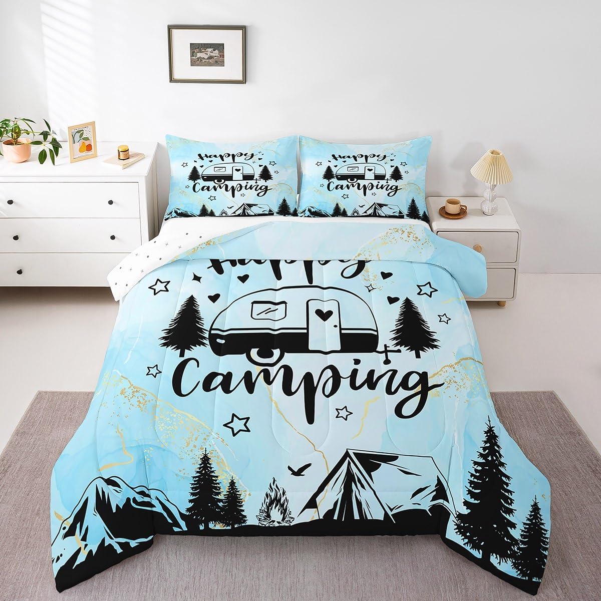Manfei Happy Camping Camper Kids Comforter Set Twin Size,Star Pine Tree Mountain Bedding Set,Girls Boys Room Decor,Rustic Farmhouse Cabin Quilt Comforter,Blue Country Duvet Insert,1 Pillowcase
