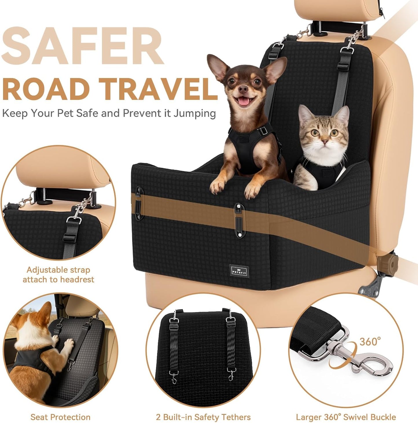 PETSFIT Dog Booster Car Seat for Small/Medium Dogs Up to 35 lbs – Patented Safety System, 5" Memory Foam Pet Car Seat, Fully Detachable and Washable Cover, Front/Back Seat Travel Booster (Black)