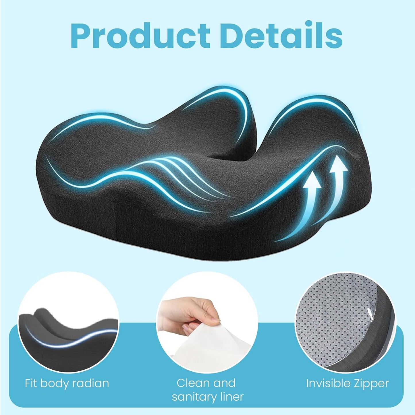 Seat Cushion,Ergonomic Chair Cushions for Sit Bone Tailbone Pain Relief,Sciatica & Back Support,Memory Foam Butt Pillow for Office,Car,Home,Gaming,Wheelchair