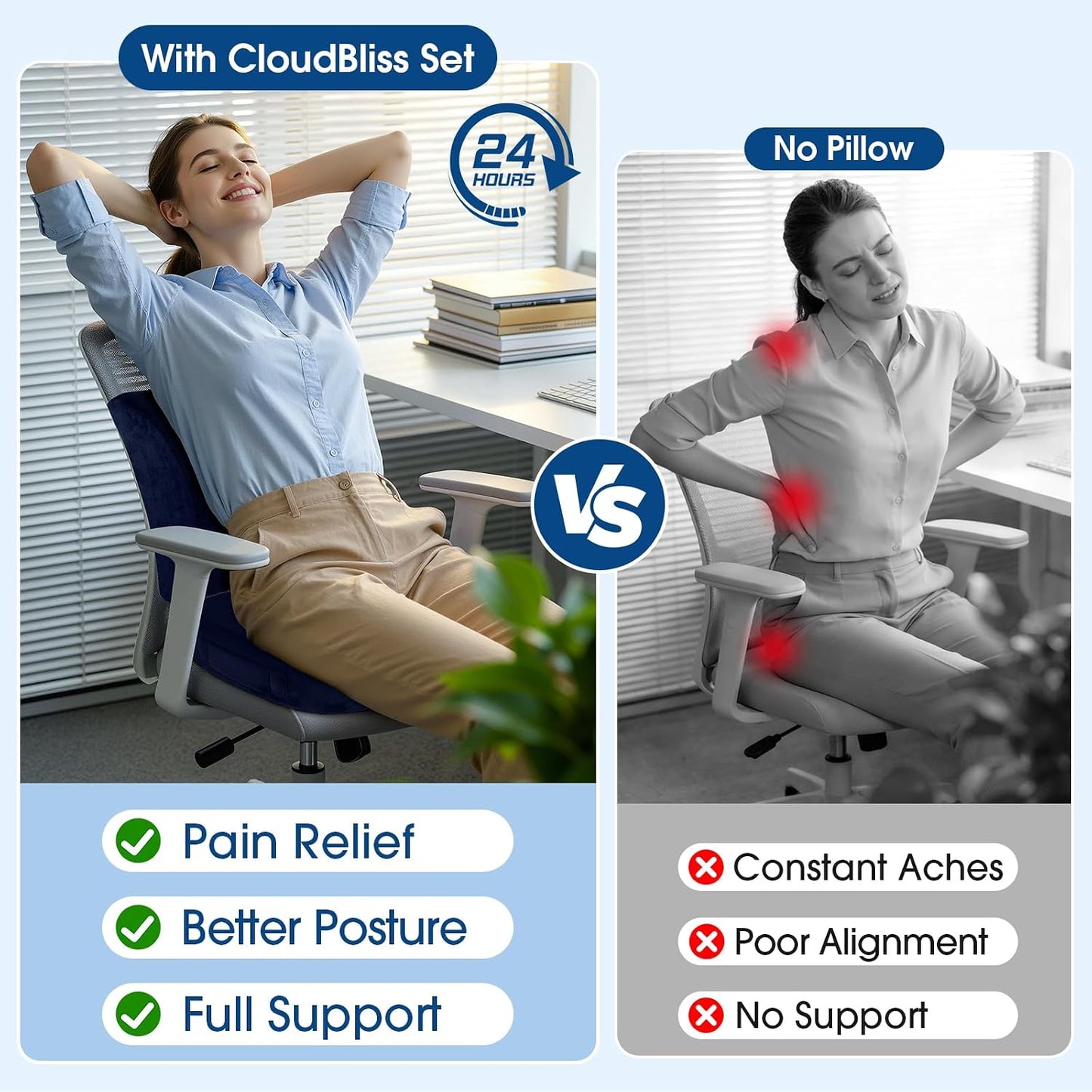 CloudBliss Lumbar Support Pillow & Seat Cushion Set for Office Chair, Desk Chair, Wheelchair & Car – Memory Foam Back Support, Ergonomic Chair Cushions, Sciatica Pain Relief, Home Essentials, Blue