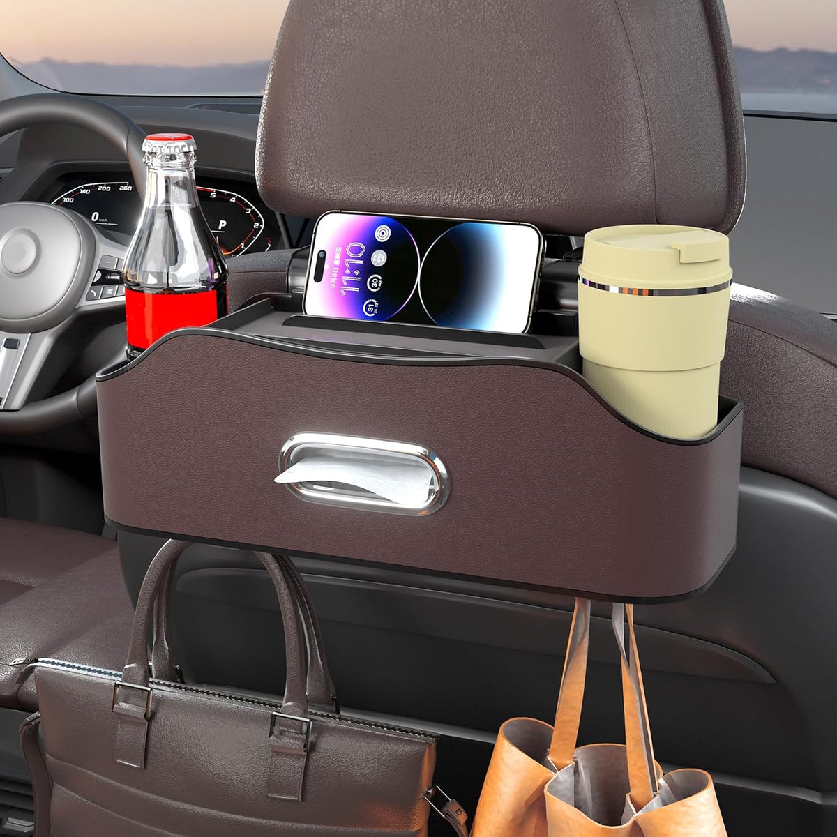 Back Seat Cup Holder for Car – Multifunctional Seat Back Organizer with Drink Holders, Tissue Box Storage & Hooks, Fits Headrest for Auto. (Red)