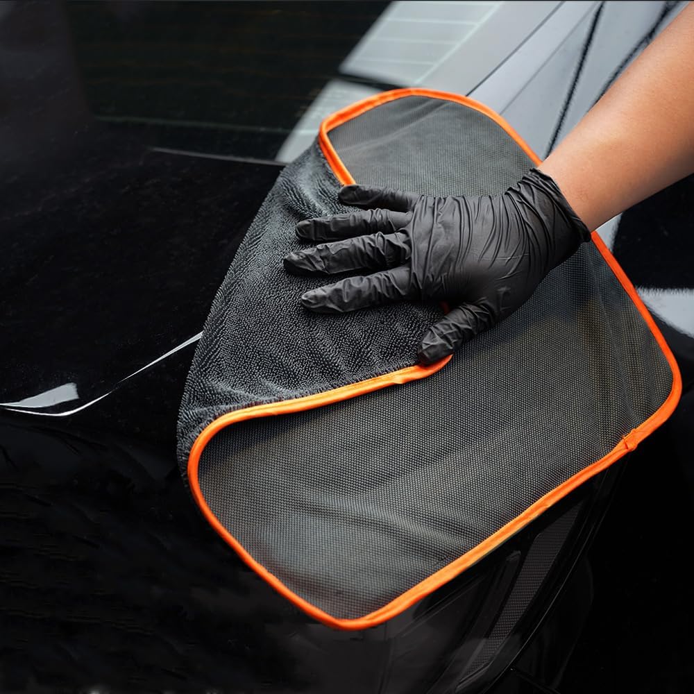 SPTA Microfiber Car Drying Towels, Cleaning Cloth Towels, Twist Pile Rapid Drying Orange Edge Car Microfiber Towels for Car Detailing, Pack of 3, 16.5 x 16.5 Inch, 600 GSM, Gray-MT040