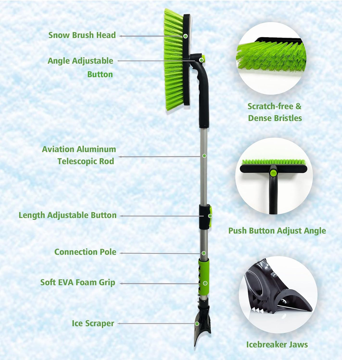 YeewayVeh 39in Car Snow Brush Ice Scraper 360° Rotating, Extendable, Green