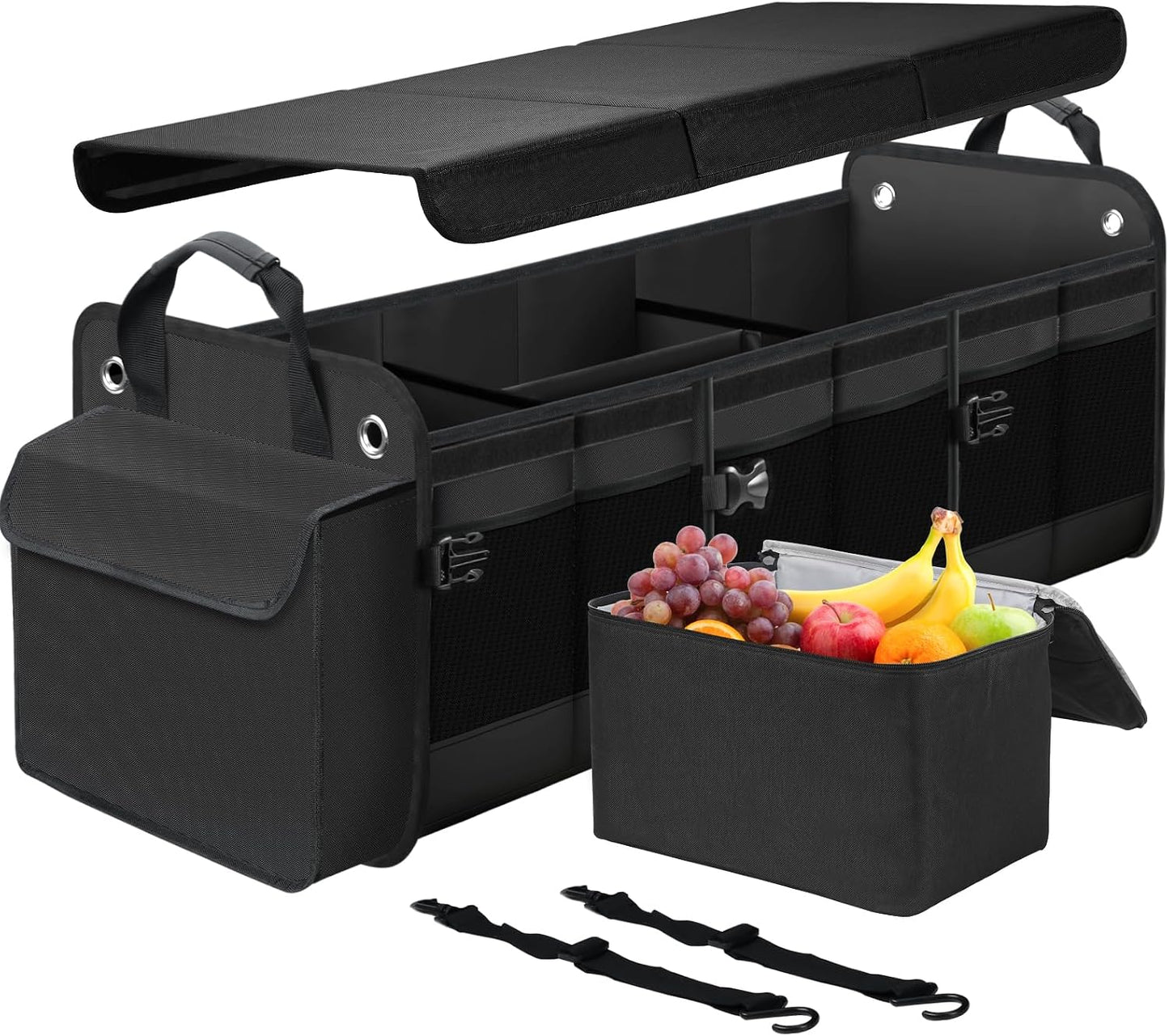 Car Trunk Organizer with Lid & Removable Leakproof Cooler Bag,Foldable Cover,Large Trunk Organizers,Multi-Compartment Collapsible Cargo Storage Organizer for SUV,Van,Truck,Sedan(3 Compartments,Black)
