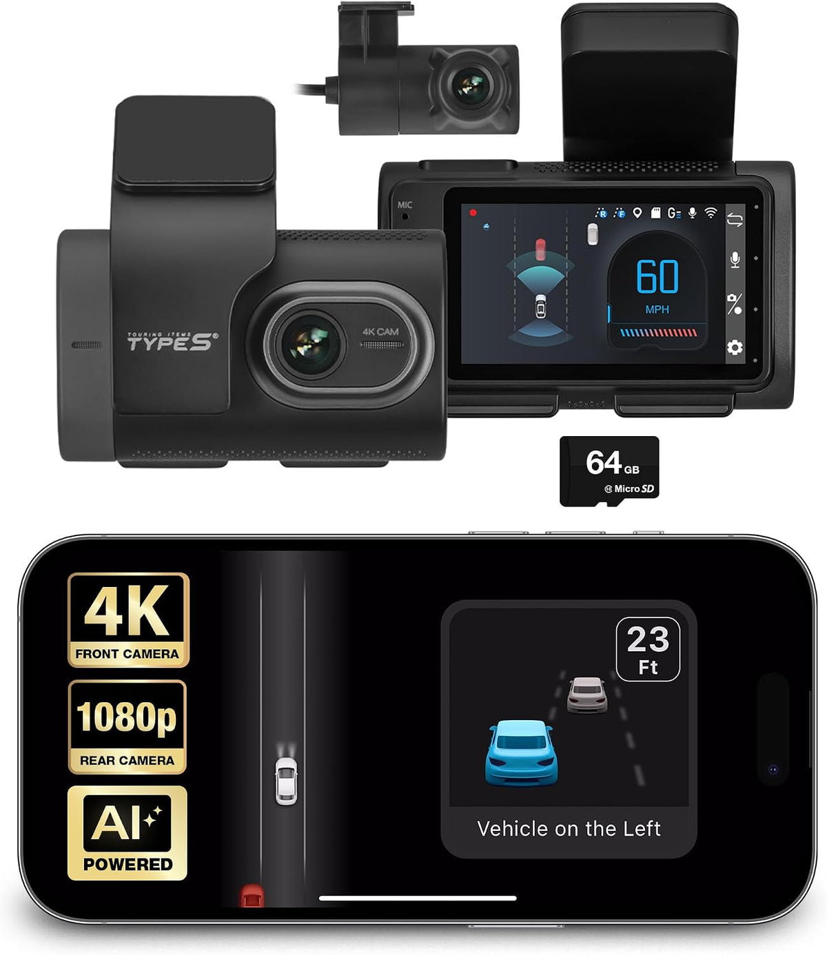 Type S T200 AI Driver Assistance Dash Cam Powered by ADAS, 1440p, Collision Alerts, Lane and Pedestrian Detection, Vehicle Departure Reminders, Front Rear 2 Channel Smart 24/7 Video Surveillance