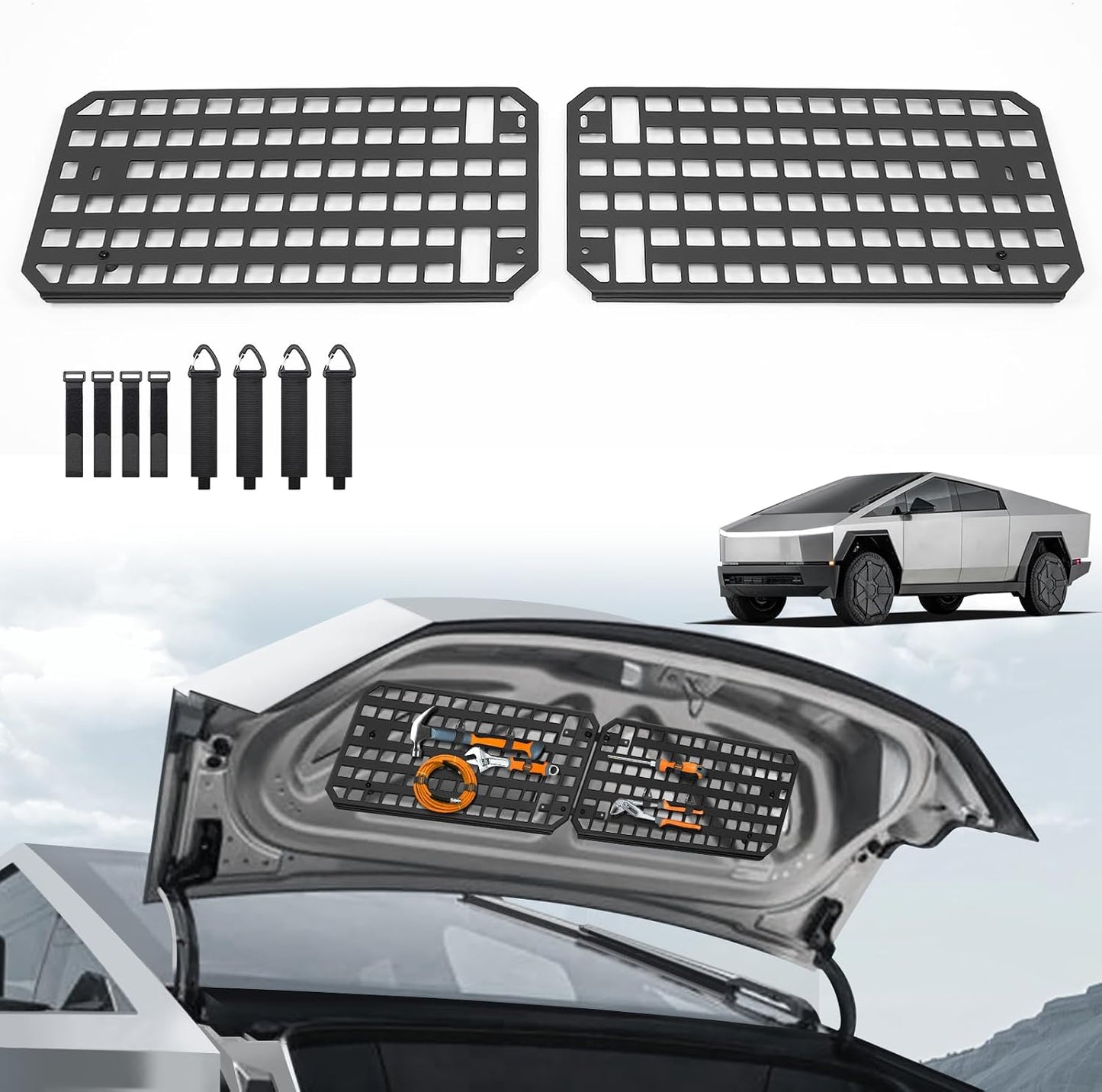2 PCS 42 Inch Molle Side Panels Compatible with Tesla Cybertruck 2024 2025 2026 Aluminum Alloy Material Cybertruck Molle Panels with 8 Straps to Mount Things for Cybertruck accessories Easy to Install