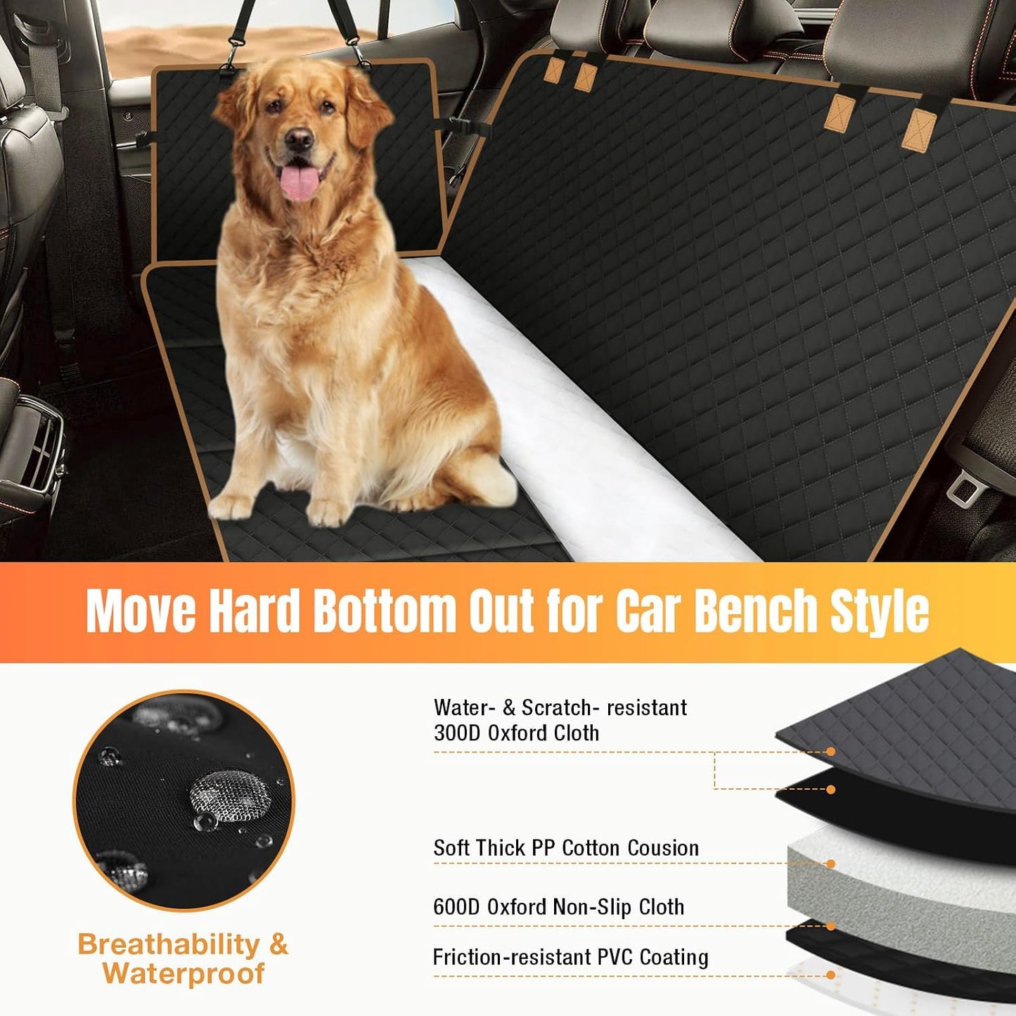 Hard Bottom Dog Car Seat Cover for Back Seat, Holds 420lbs - Waterproof Sturdy Nonslip Hammock for Cars/Trucks/SUVs - Easy to Clean & Safe Backseat Extender for Large Dogs