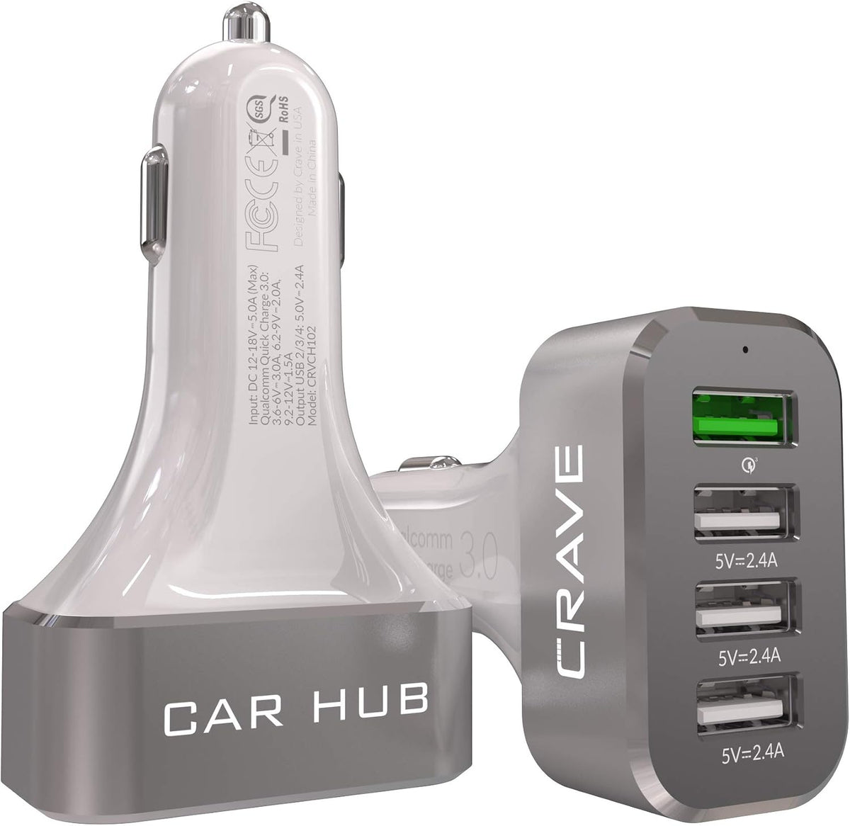 Crave CarHub 54W 4 Port USB Car Charger, Qualcomm Quick Charge 3.0 - Black