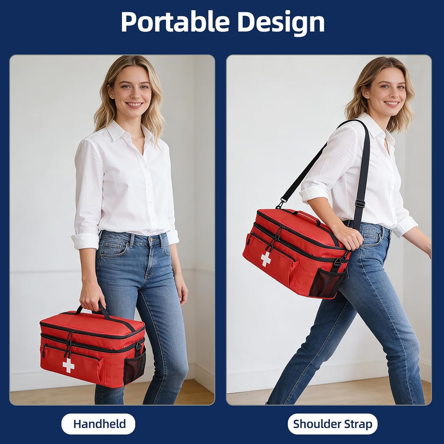 ALSLEA First Aid Bag Empty Large 2 Layer Medical Bag with Shoulder Strap 16”x 9½” x 7” Medicine Organizer Box Travel First Aid kit Emergency Supplies Storage Bag for Car, Home, Office, Outdoor (Red)