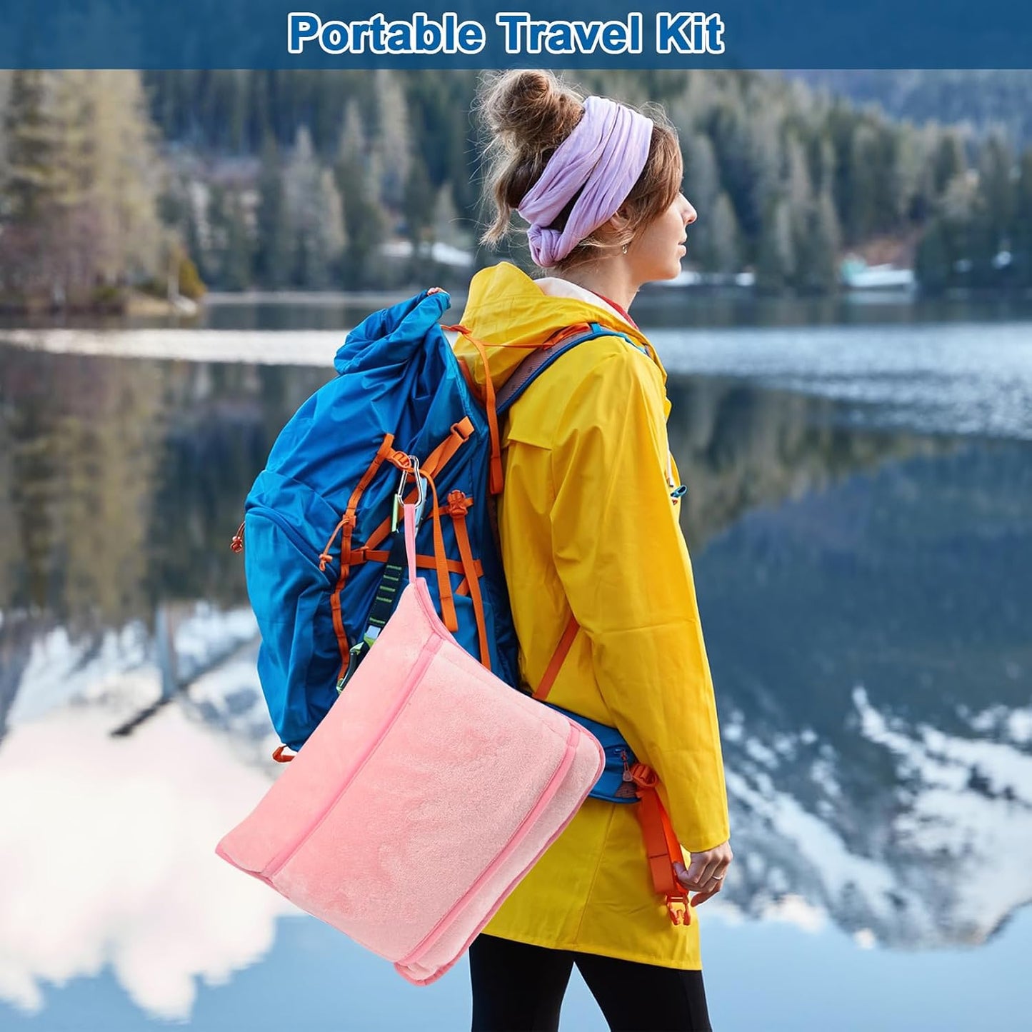 Travel Blanket and Pillow Set - Travel Neck Pillow & Blanket for Airplane, Thick Fleece Blankets Campact with Bag, Memory Foam Neck Pillows, Sleep Mask, Earplugs for Plane Traveling Essentials, Pink
