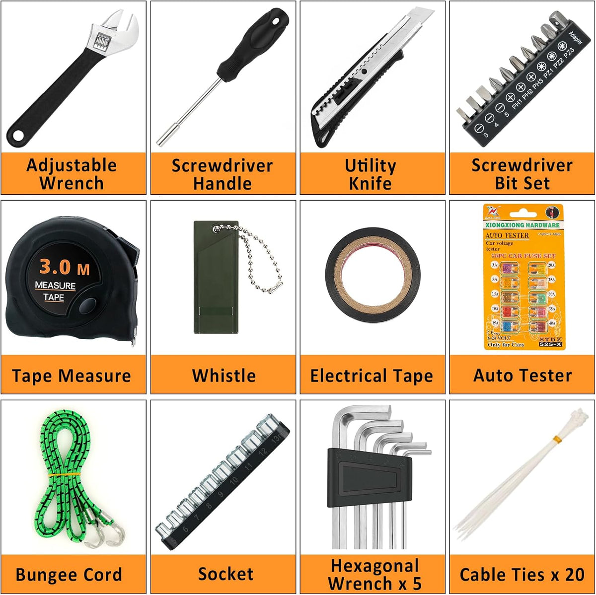 98 PCS Roadside Car Emergency Assistance Kit with Portable Air Compressor Jumper Cables Safety Hammer All in One Pliers Tool Set(Black)