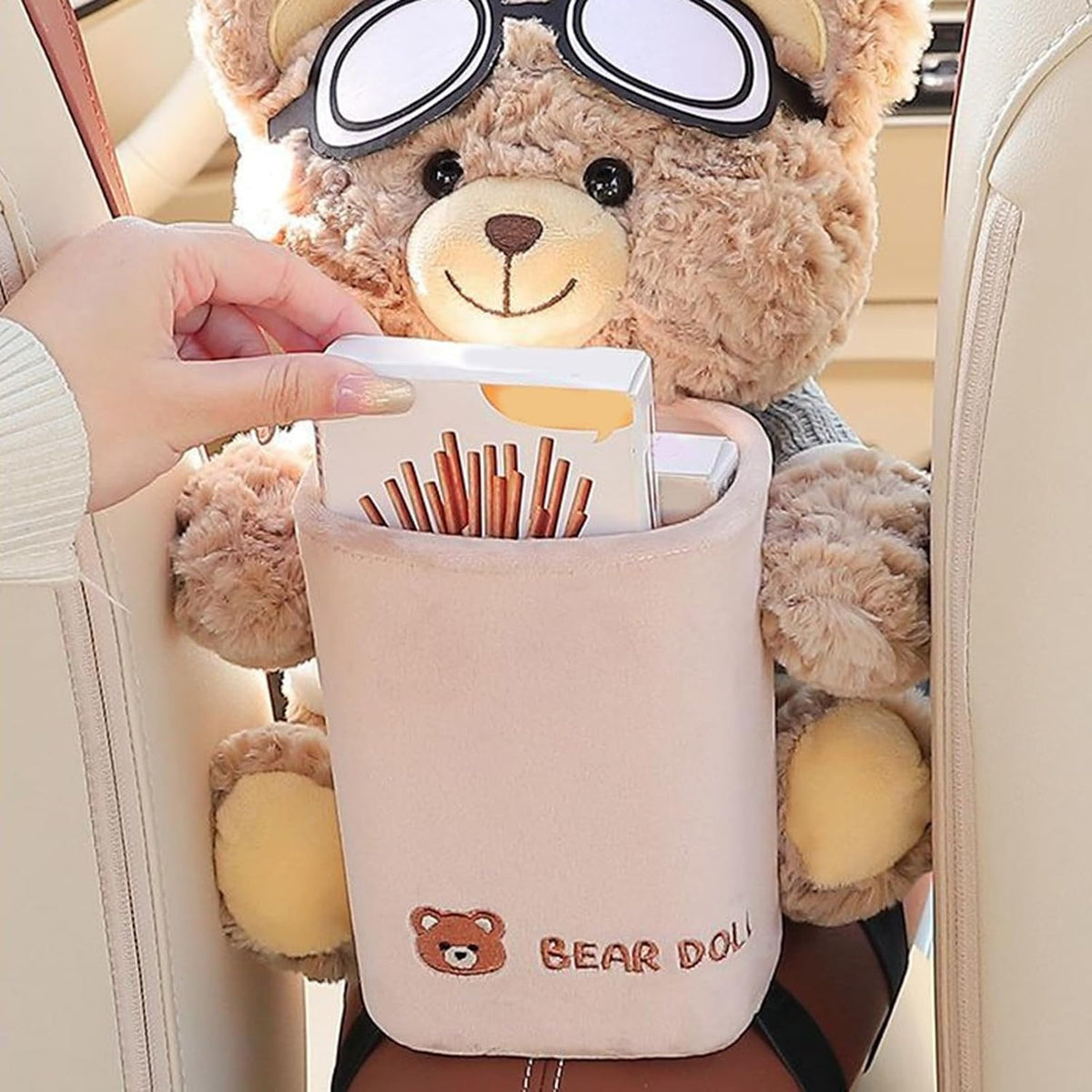 Bear Tissue Holder for Car | Cute Plush Bear Tissue Box Holder & Trash Can with Waterproof Liner | Multi Functional Trash Storage Box, for Armrest Bathroom Sofa