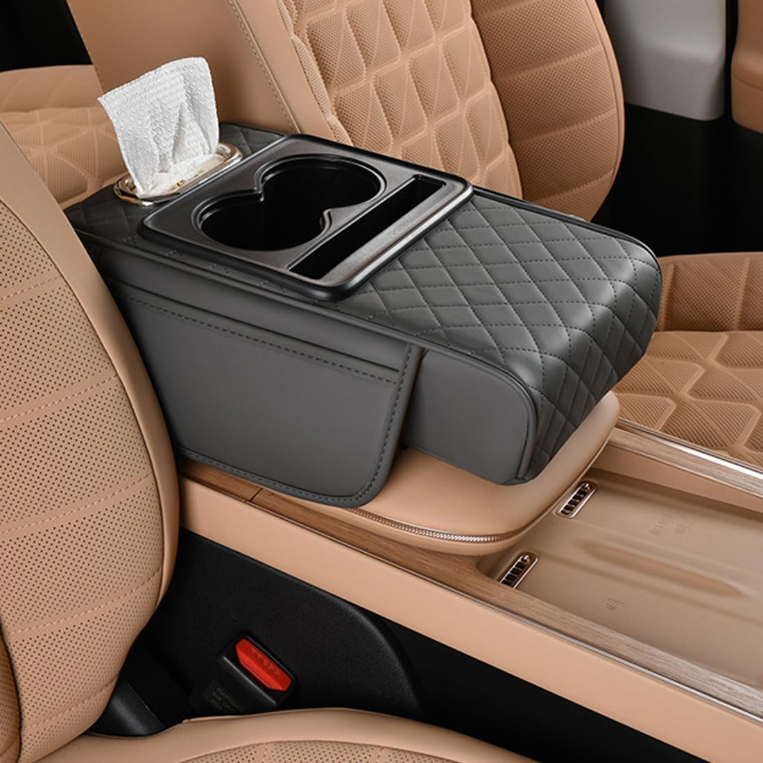 Car Armrest Cushion,5-in-1 Center Console Cover with 2 Storage Bags Cup Holder, Tissue Box Slot, Phone Slot for Sedans, Car Accessories Interior Organizers (Black red)