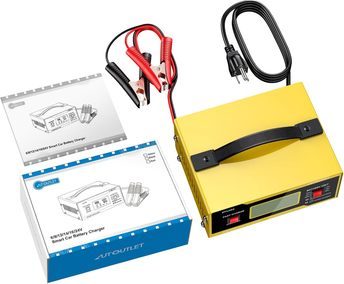 AUTOUTLET Upgraded 6/8/12/14/16/24V Battery Charger Automotive Smart Car Battery Charger and Trickle Maintainer 0-14A Fully Automatic with Cable Clamps for Lead-Acid Batteries(NOT Lithium Battery)