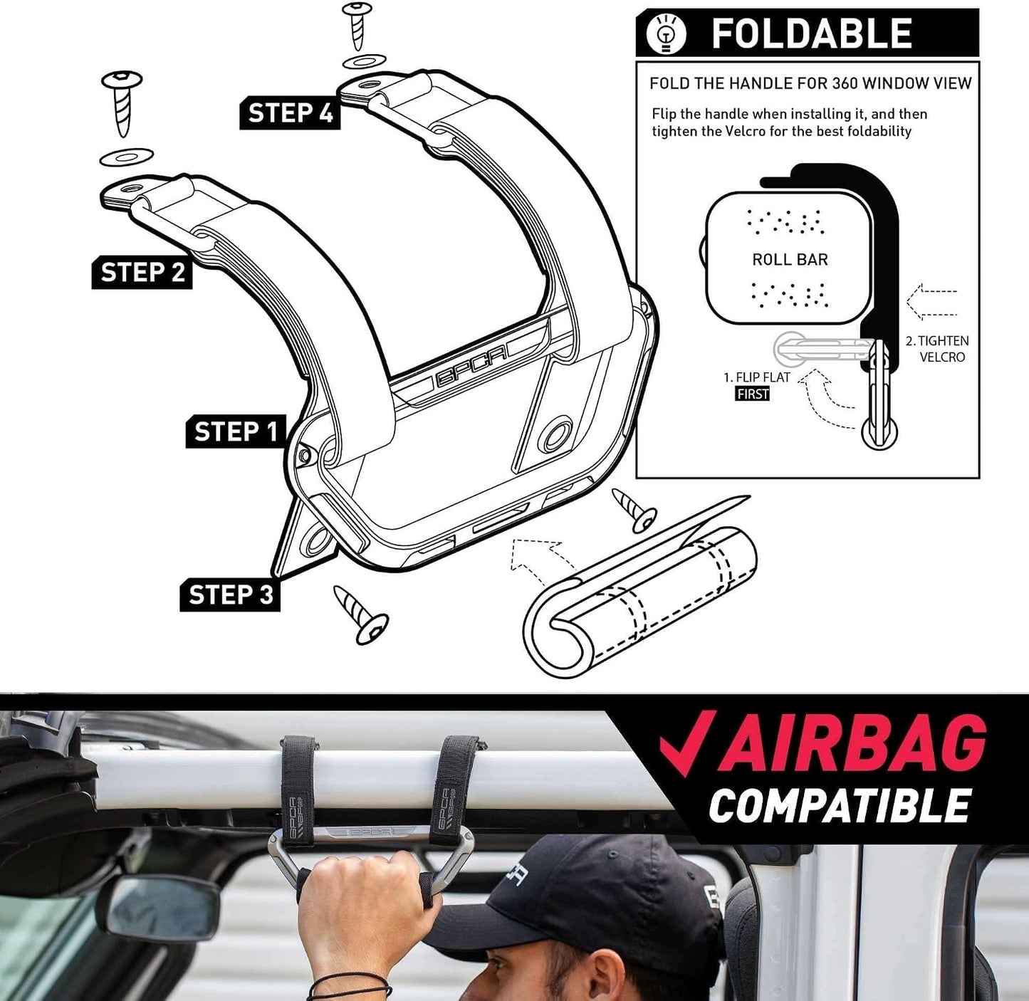 GPCA GP Grip Air Grab Handles Designed for 2024, 2025, 2026 Jeep Wrangler JL, JT & Jeep Gladiator 4xe w/Airbag Compatible - Aero-Grade Aluminum, Patented Foldable Design, Easy Installation