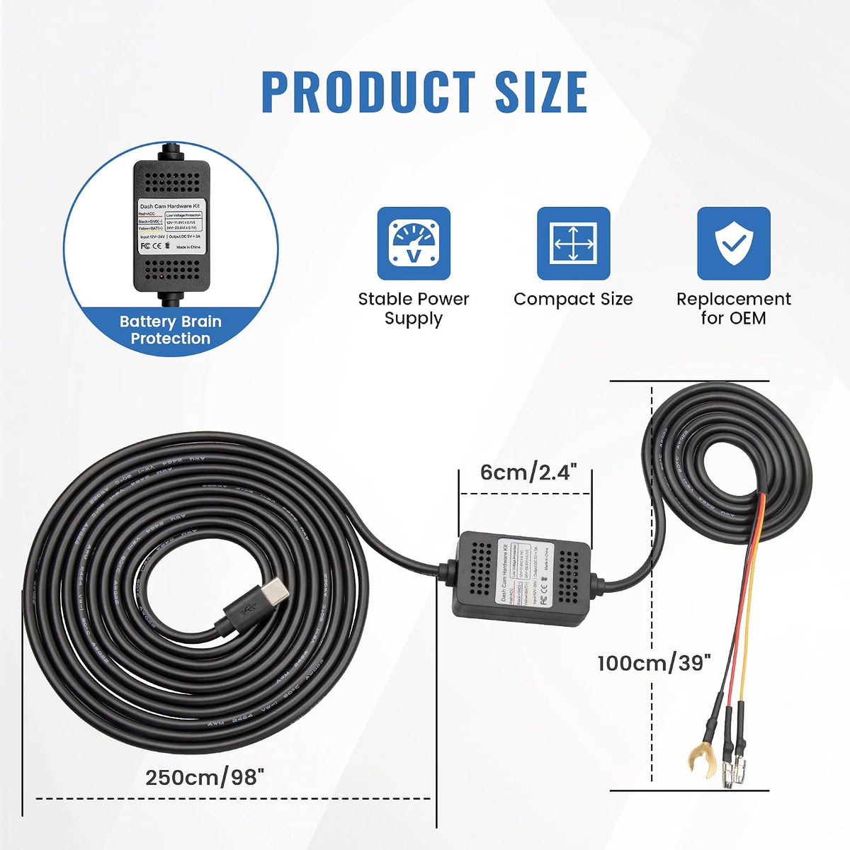 EWAY Type-C USB C Port Dash Cam Hardwire Kit, 3-Lead Acc Hard Wire Kit for Dash Camera 24H Parking Monitor, Low Voltage Protection 12V- 24V to 5V w/Fuses Dashboard Camera Power Supply Cord 11.5ft