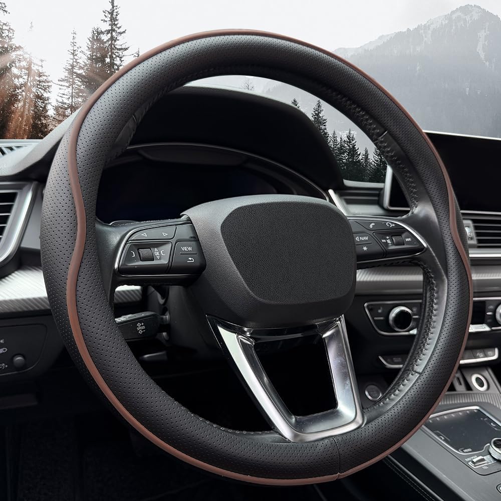 HAOTULE Leather Steering Wheel Cover, with Anti-Slip Stripe Design - Enhanced Grip, Fashion Style, Safe, Non-Slip, Breathable. Upgrade car Interior,Black Blue