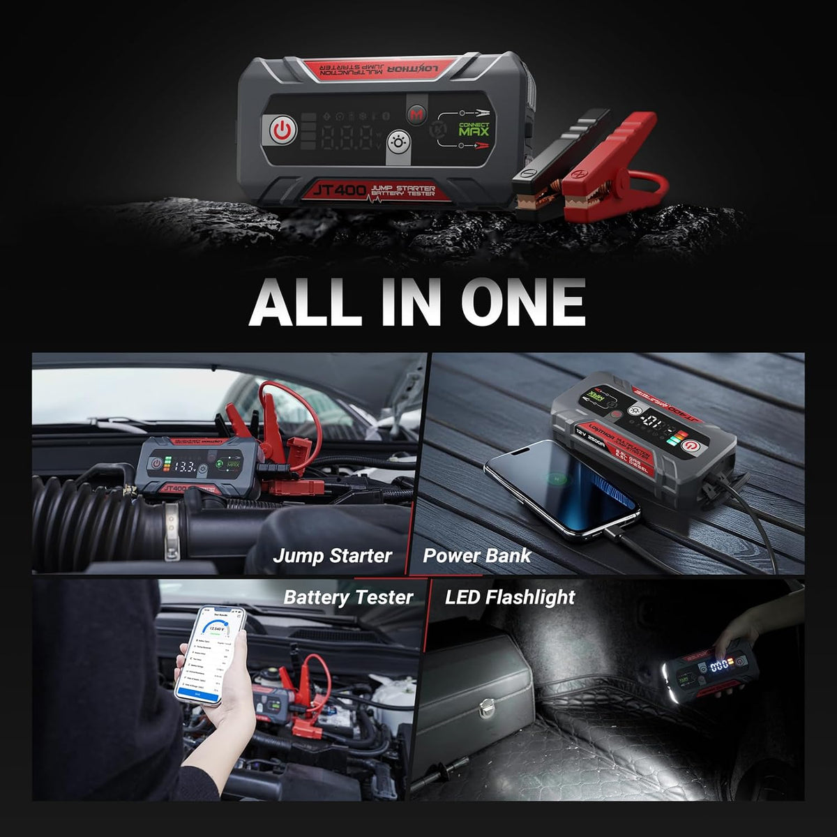 LOKITHOR JT400 2500A Portable Jump Starter with 100–2000 CCA Battery Tester, 12V Car Battery Jump Starter for Up to 8.5L Gas or 6.5L Diesel Engines, Smart Bluetooth Automotive Battery Load Tester