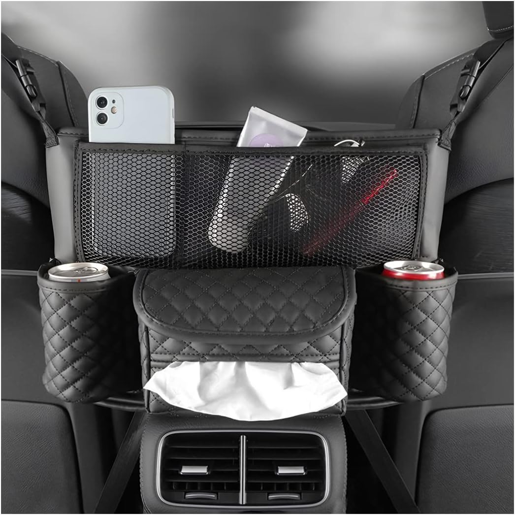 XINLIYA Car Handbag Holder Between Seats, PU Leather Multi-Pocket Large Capacity Purse Holder, Auto Net Bag Barrier of Backseat Pet Kids, Car Seat Organizers and Storage for Cargo Tissue Cup(Beige)