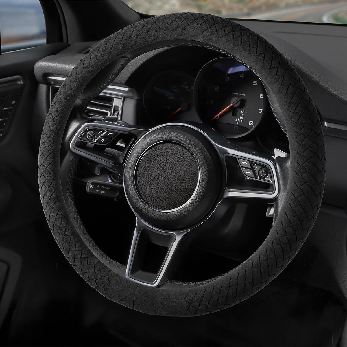 Suede Steering Wheel Cover with Upgraded Silicone Inner Ring, Breathable, Anti-Slip, Leather Universal 14.5 to 15 Inch Steering Wheel Cover (Black with Red Mark)