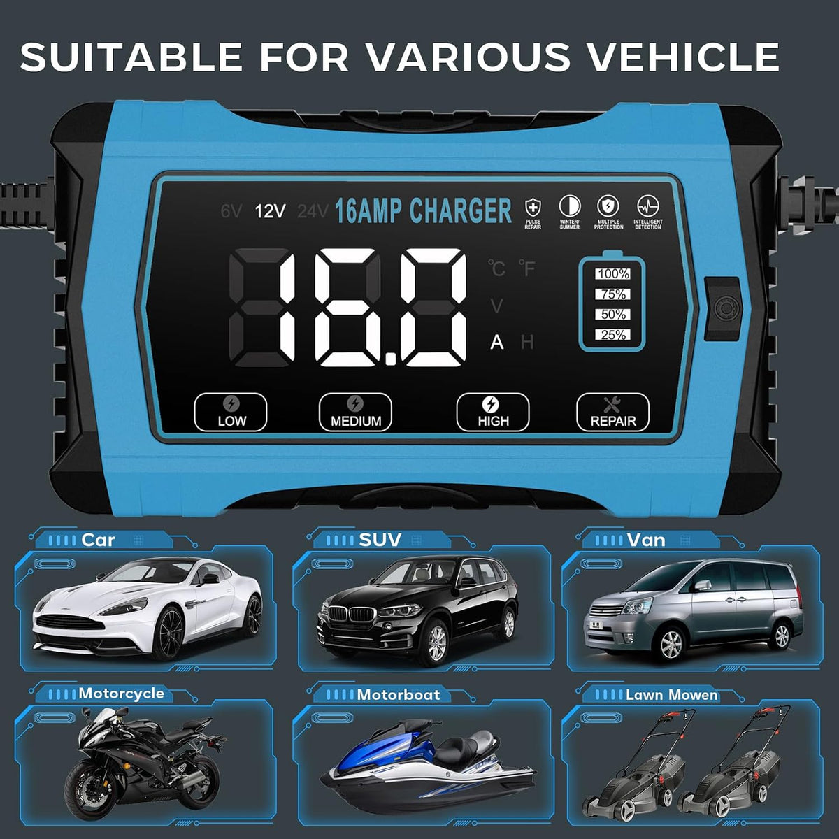 16A Battery Charger, 6V/12V/24V, Battery Maintainer Trickle Charger for Car