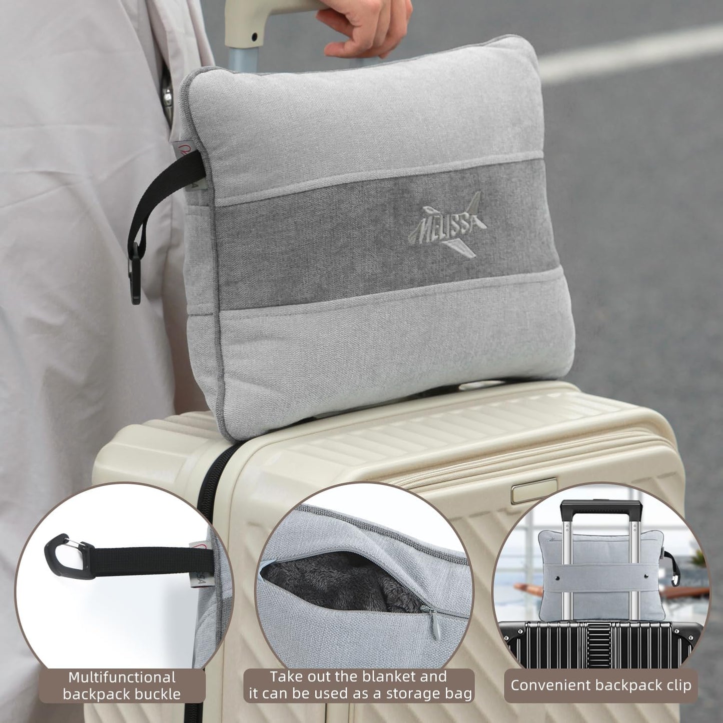 Melissa Large Soft Travel Blanket and Inflatable Pillow Set | Size-69“ x 43.3”, Carry Bag – Lightweight, Compact & Washable for Backpacking, Hiking, Airplane, Car, Office, Camping (Gray)