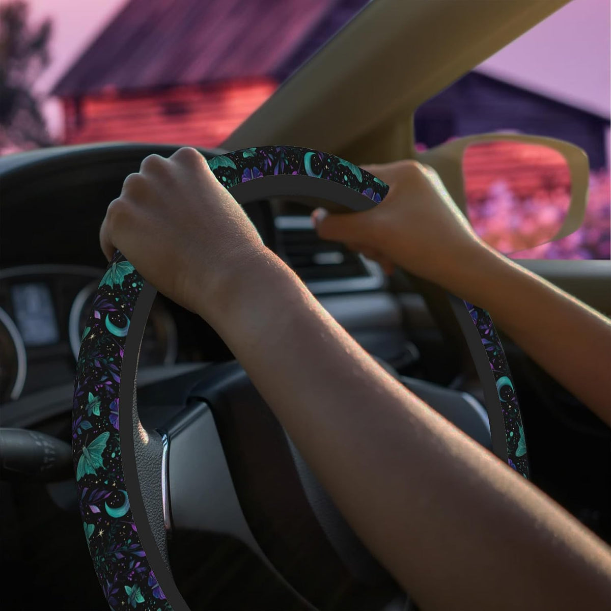 Mystical Luna Moth Steering Wheel Cover for Women Men Neoprene Breathable Moon Botanical Wheel Cover Protector Anti-Slip Car Accessories Universal 15 Inch Fit for Cars Trucks Vehicles
