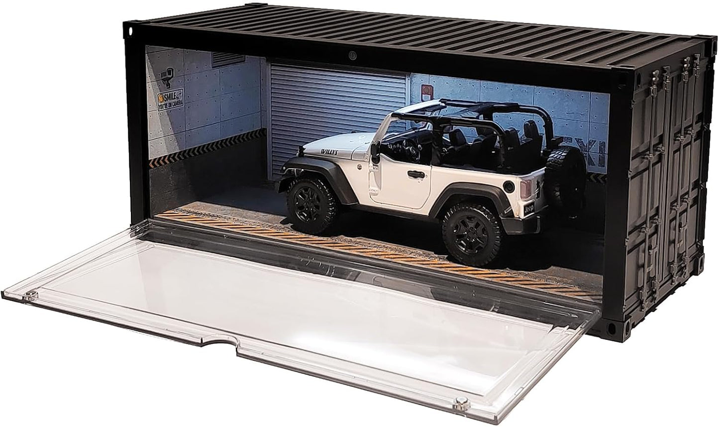 Display Case with LED Light for 1/18 Scale Model Car | Shipping Container Style Garage Diorama Show Case - Modern Mirror Reflective Interior, Grid Floor Showroom Design, Stackable