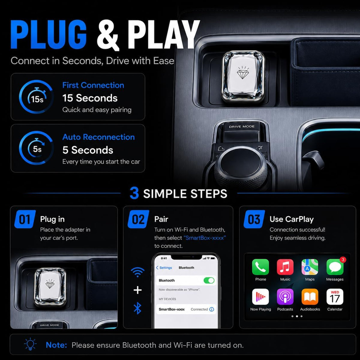 Wireless CarPlay Adapter, 2-in-1 Wireless CarPlay & Android Auto Adapter for Factory Wired CarPlay Cars, Auto Reconnect, Bluetooth 5.0, 5GHz WiFi, OTA Updates, Plug and Play USB Adapter