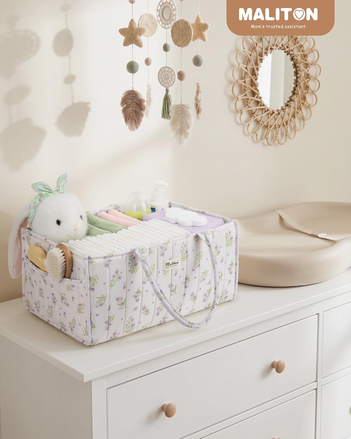 Maliton Diaper Caddy Organizer with 2 Side Pockets, Portable, Purple Floral | with Handle and Removable Dividers, Nursery Storage Basket, Car Organizer for Diapers & Wipes. Boy & Girl Shower Gift