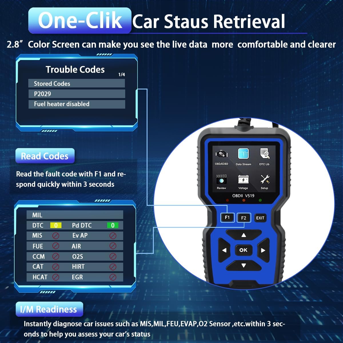 OBD2 Scanner Diagnostic Tool - Check Engine Light Code Reader, Reset Function, Data Stream, I/M Readiness, Full Features, Modes 6 & 8, for All 1996+ Vehicles, Automotriz Scanner