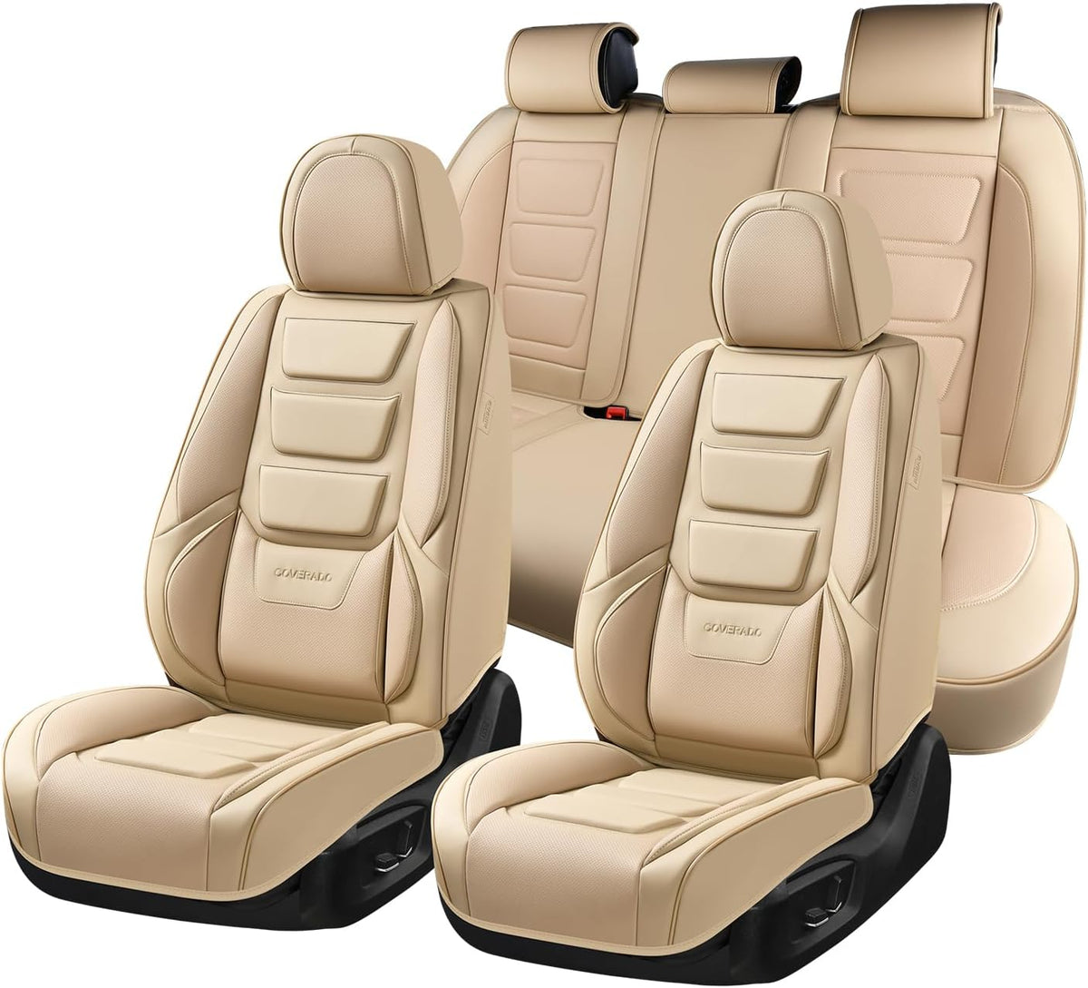 Coverado Car Seat Covers Full Set, Seat Covers for Cars, Front Seat Covers and Back Seat Cover Waterproof Leather Automotive Seat Cover, Universal Car Interior Protectors for Most Cars Light_Gray