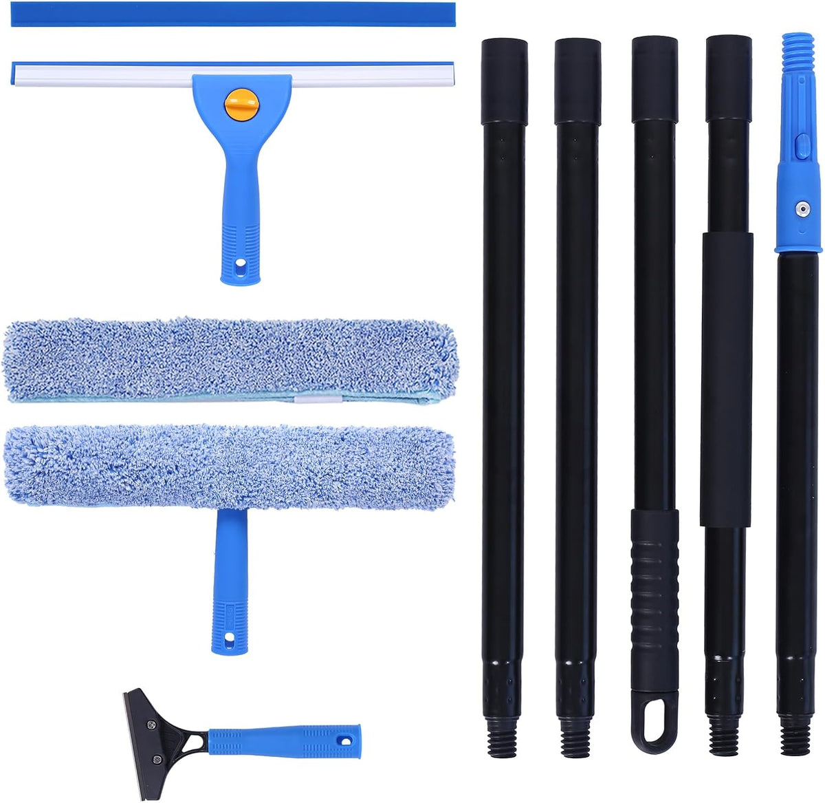 3-in-1 Professional Window Squeegee Kit with 2 Squeegee, 2 Microfiber Scrubber, 1 Razor Scraper, Thick Iron, 48.8" Window Squeegee with Extension Pole for Car, Glass, Mirror, Wall, Bathroom, Home, Van